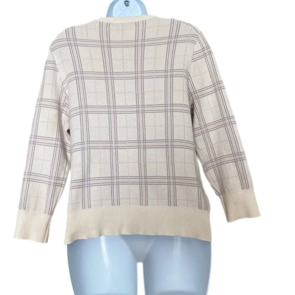 Ann Taylor Plaid Cardigan Sweater Beige Gray Pink Button-up Size Long-Sleeve M - Picture 5 of 5